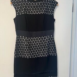 Sandra Darren Black and White Lace-Trim Midi Dress